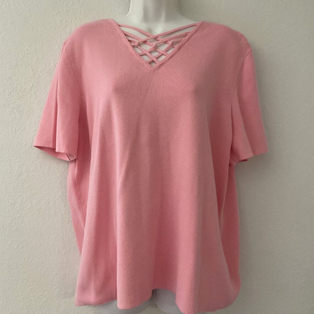 GOODCLOTHES PINK LATTICE CUTOUT SHORT SLEEVE TUNIC TOP 2X